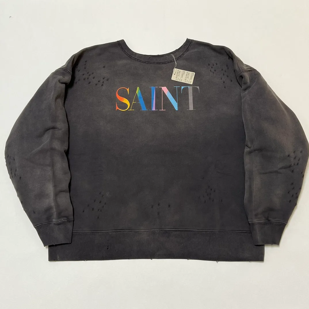 SAINT Mxxxxxx CREW NECK SWT SHIRTS 'RAINBOW SNT'/BLK Rainbow SAINT destruction sweatshirt, washed black S-XL Assute dyeing, genuine whole garment sprayed with horsetail fading process, collar/cuffs frayed in many places, front and rear panels/sleeves super complicated hanging grinding, heavy washing and water discoloration, correct fruit mark/angel mark